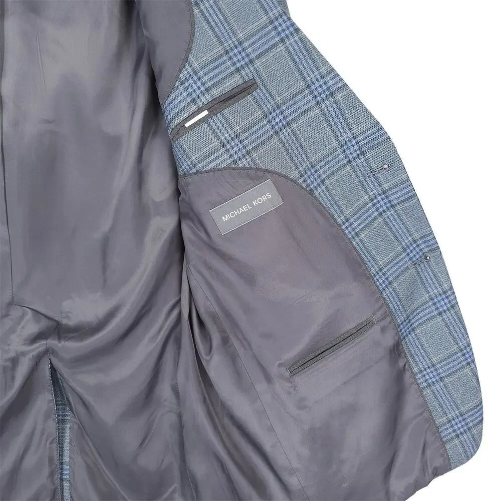Michael Kors Mens Classic Fit Sport Coat 42L Blue Green Seafoam Plaid Stretch